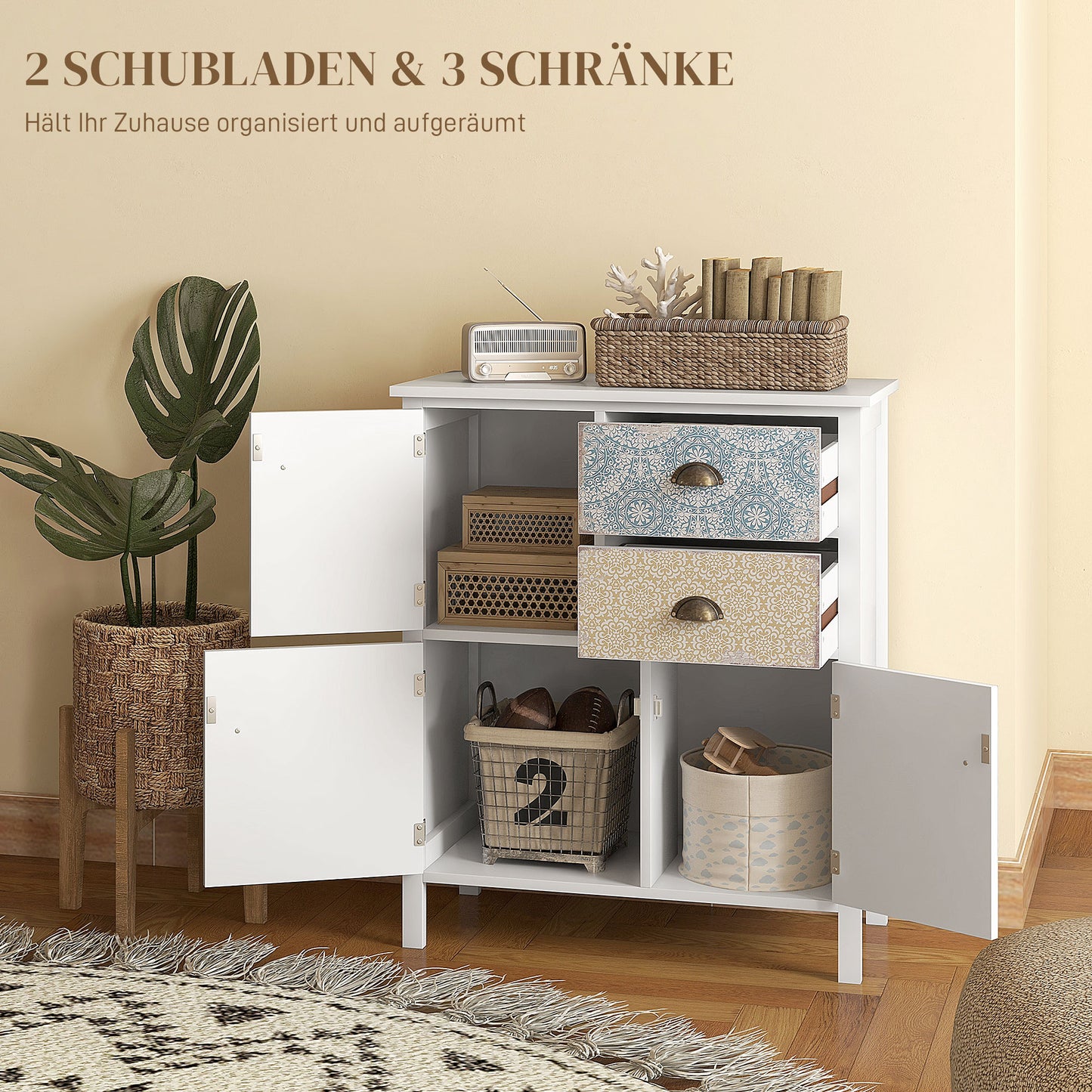 Vintage Kommode mit Gemusterten Fronten – 2 Schubladen und 3 Türen
