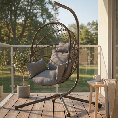 Hängesessel mit Gestell – Klappbares Design mit Extra Dickem Kissen – Für Innen- und Außenbereich – Grau