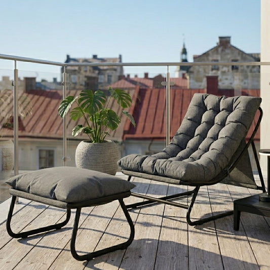 Stilvoller Loungesessel mit Fußhocker – 13 cm Dickes Polster – Dunkelgrau
