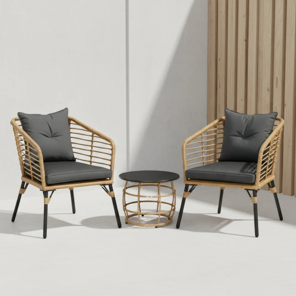 Rattan Sitzgruppe mit Polstern für Balkon und Terrasse – 2 Loungesessel und Tisch