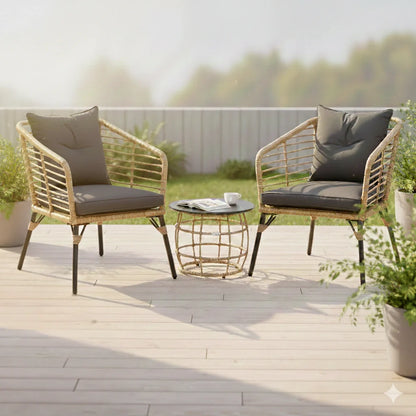 Rattan Sitzgruppe mit Polstern für Balkon und Terrasse – 2 Loungesessel und Tisch