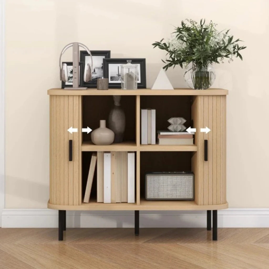 Retro Geriffelter Schrank in Eichenoptik mit Schiebetüren – 90 cm