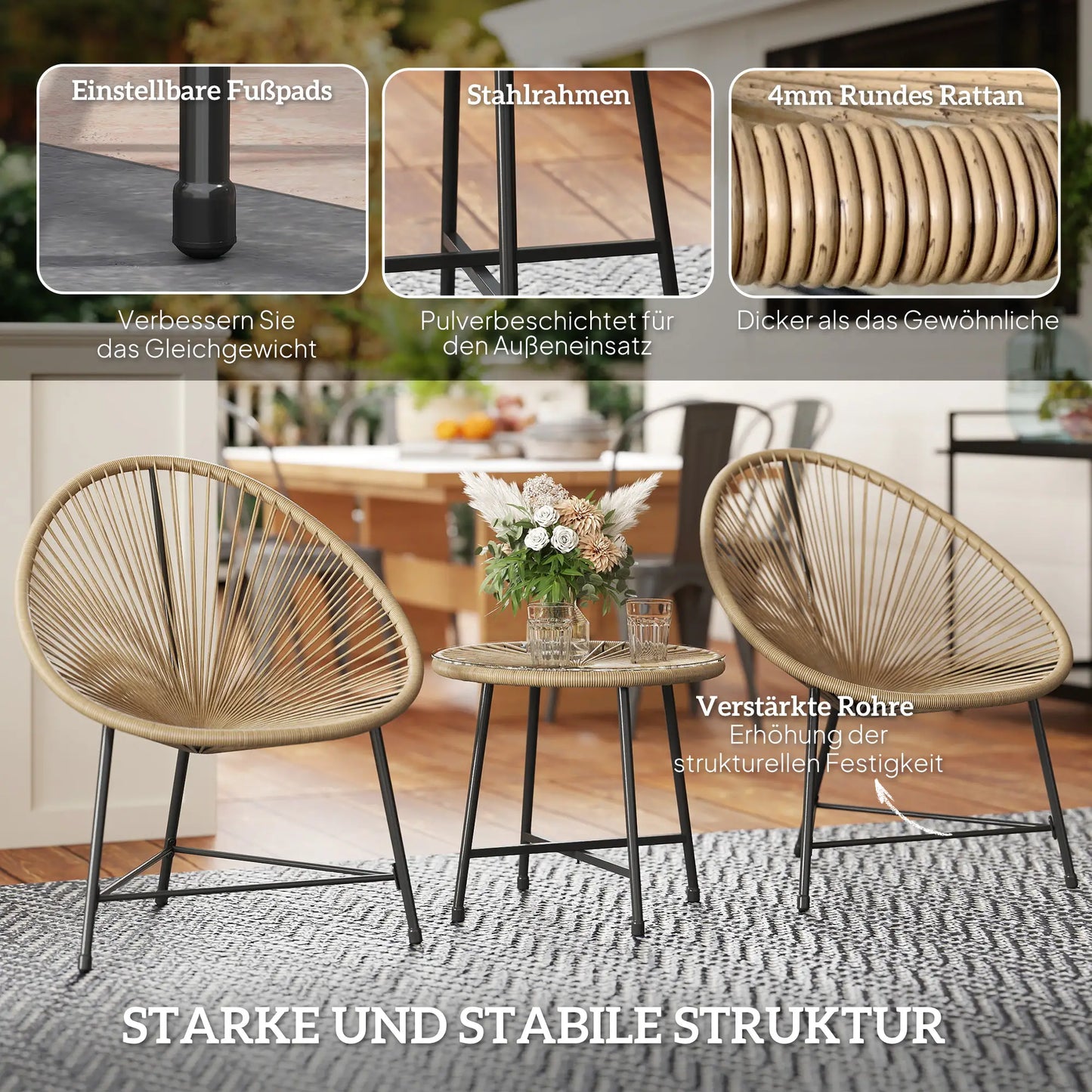 Stilvolle Acapulco Sitzgruppe für Balkon und Terrasse – 2 Sessel und Tisch – Naturfarbenes Rattan
