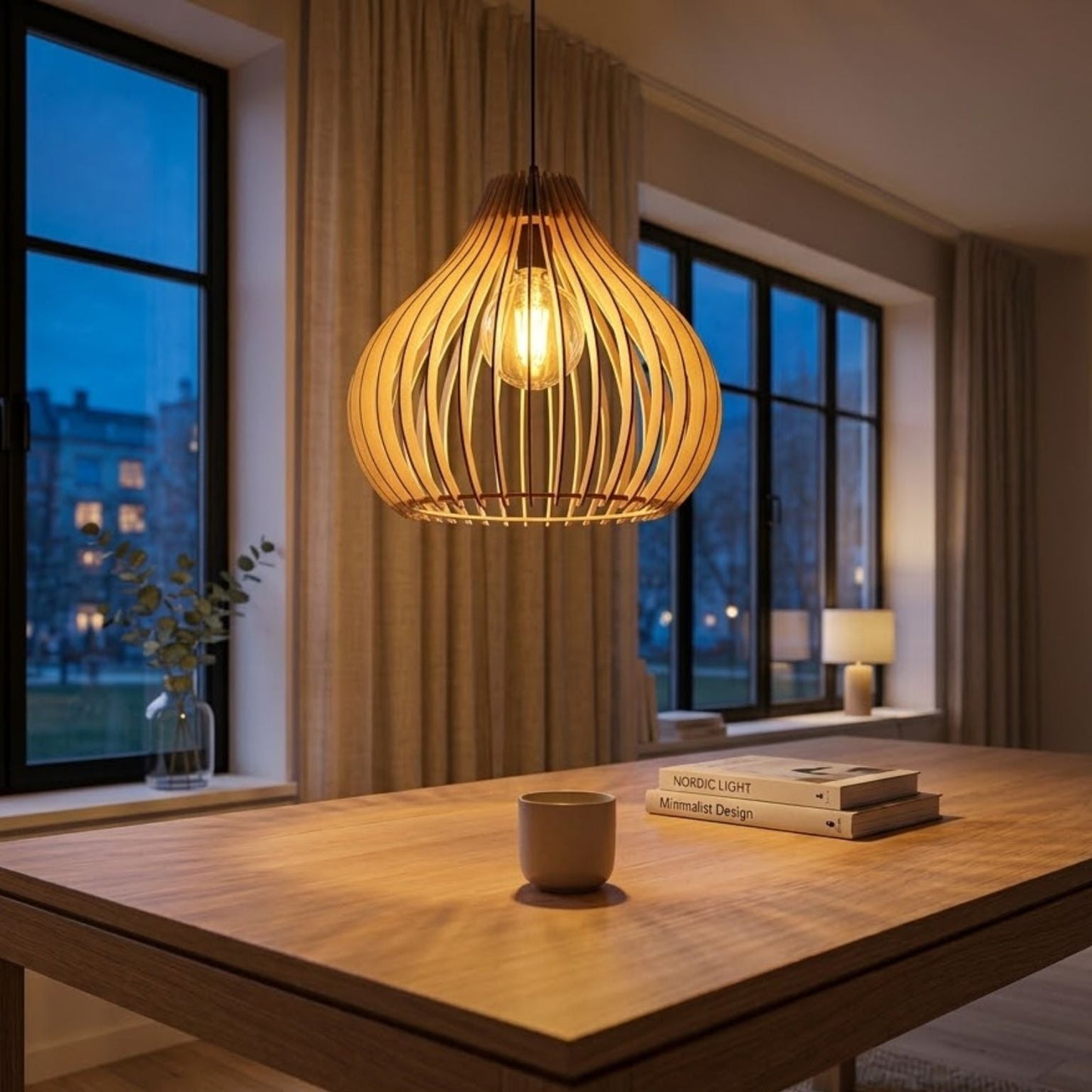 Elegante Deckenlampe aus Naturholz – Skulpturales Tropfenförmiges Design
