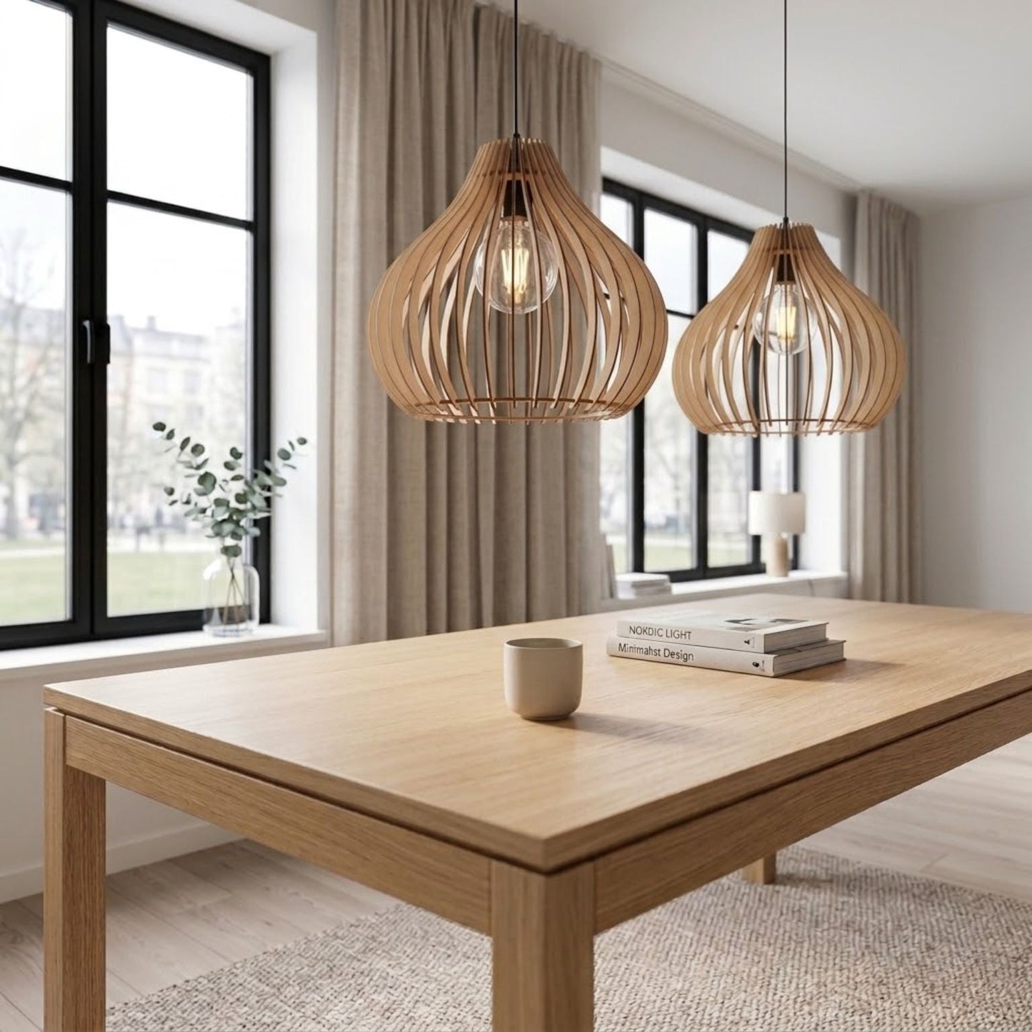 Elegante Deckenlampe aus Naturholz – Skulpturales Tropfenförmiges Design