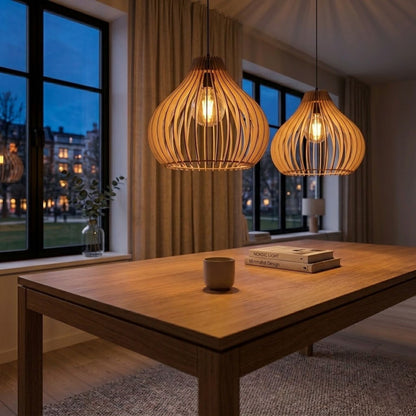 Elegante Deckenlampe aus Naturholz – Skulpturales Tropfenförmiges Design